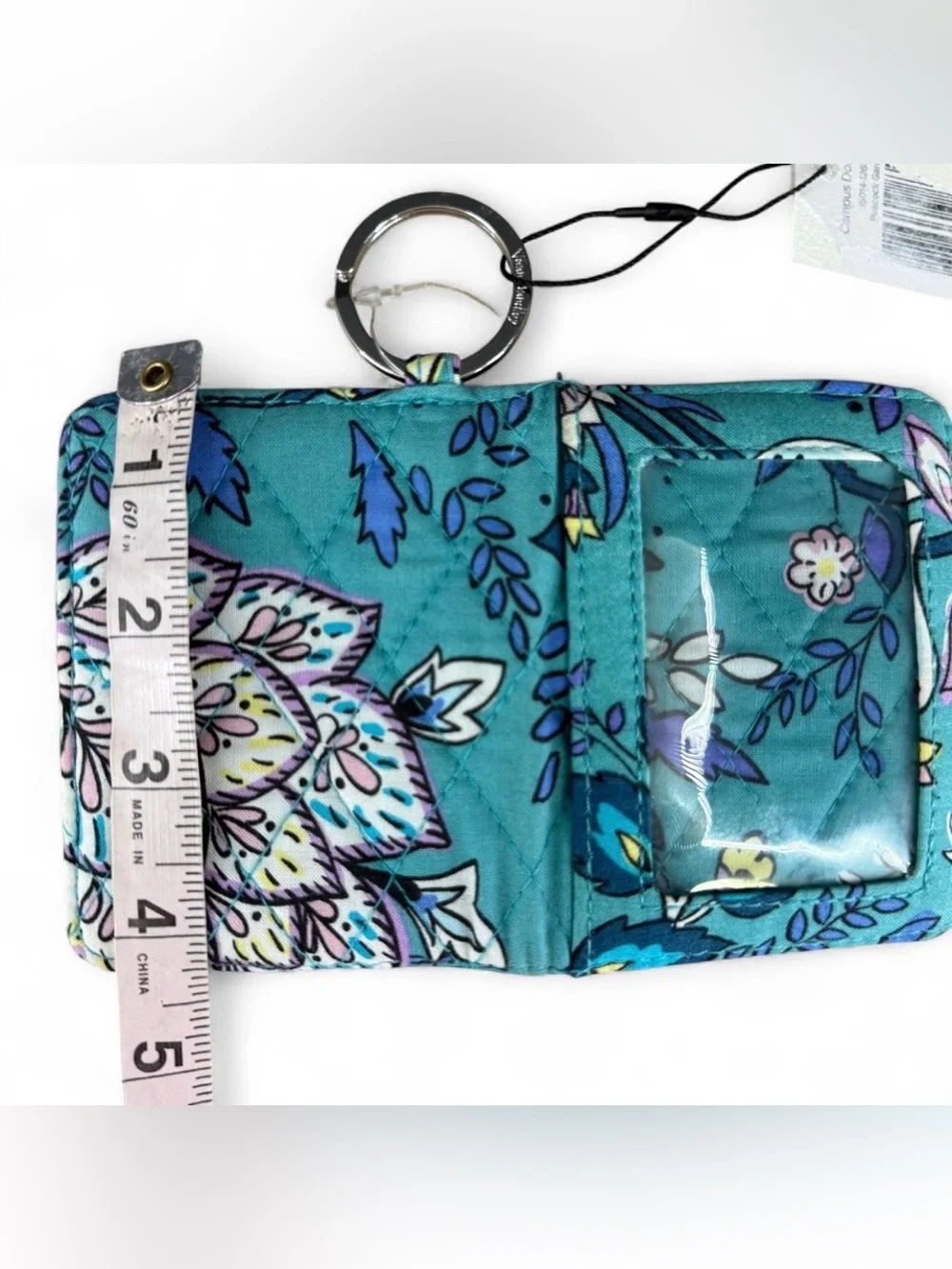 Vera Bradley Campus Double ID Wallet Keychain Peacock Garden Teal Quilted NEW - Picture 7 of 8